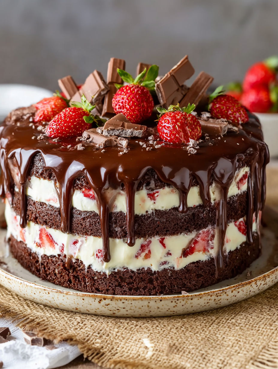 A chocolate cake with strawberries and chocolate drizzle.