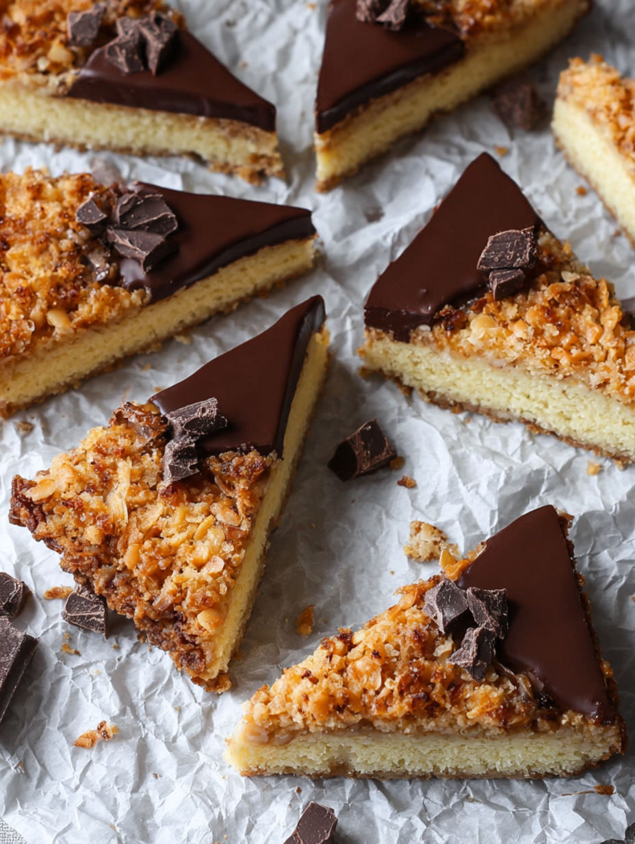A piece of cake with chocolate and coconut toppings.