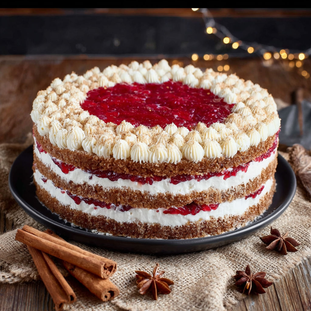 A cake with white frosting and red fruit on top.
