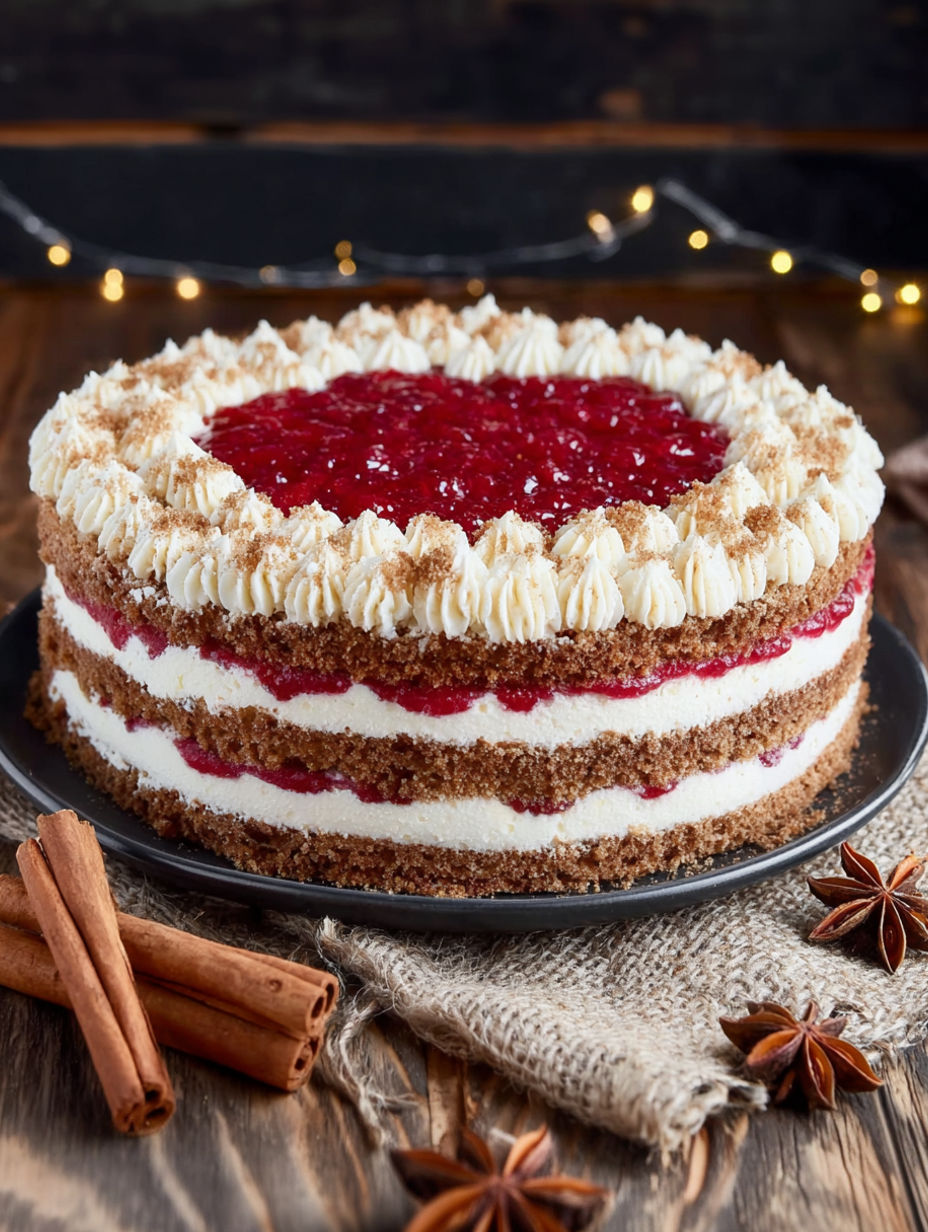 A slice of cake with white frosting and red berries.