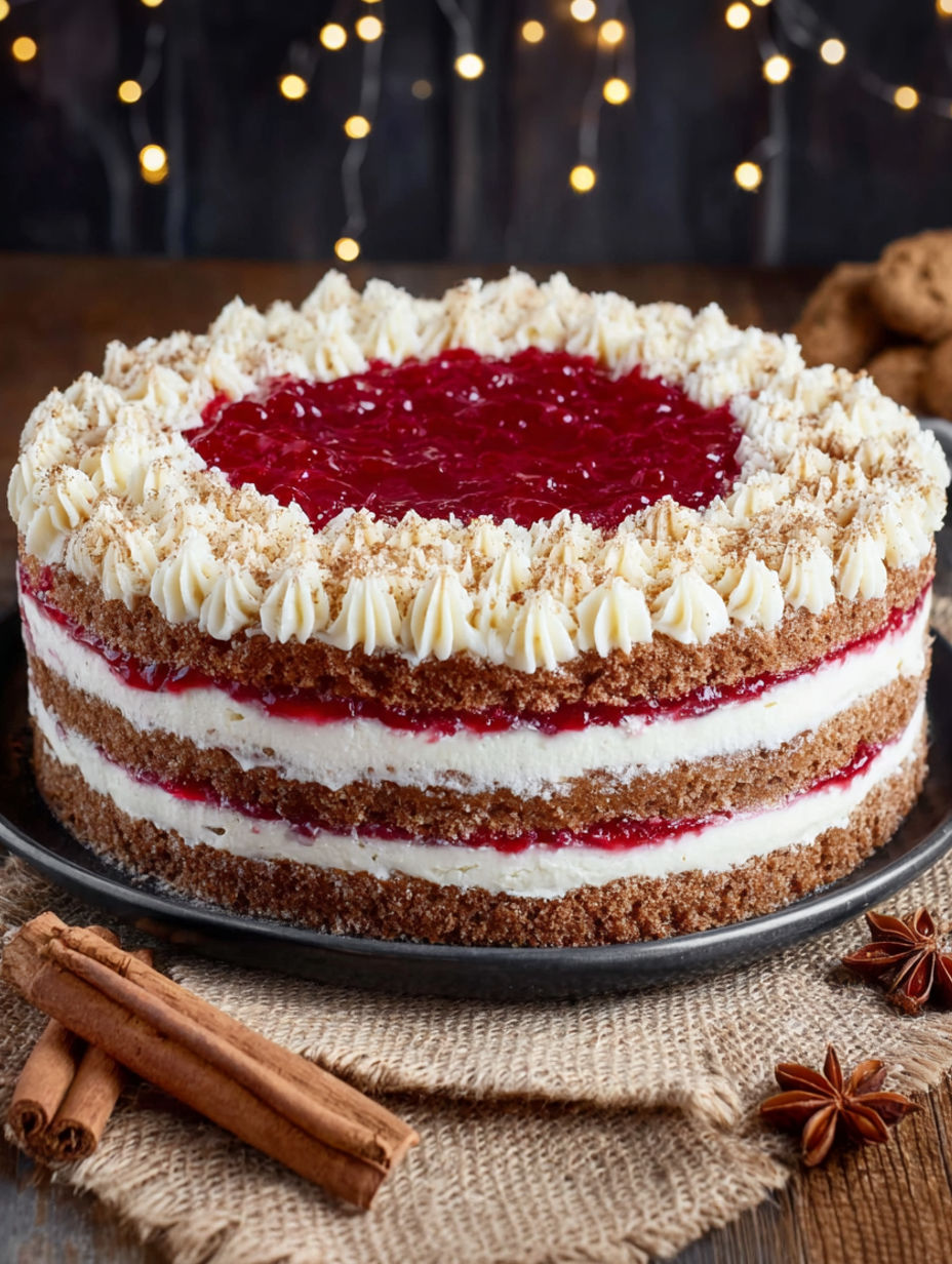 A slice of Spekulatiustorte with Mascarponecreme and Zimtpflaumen.