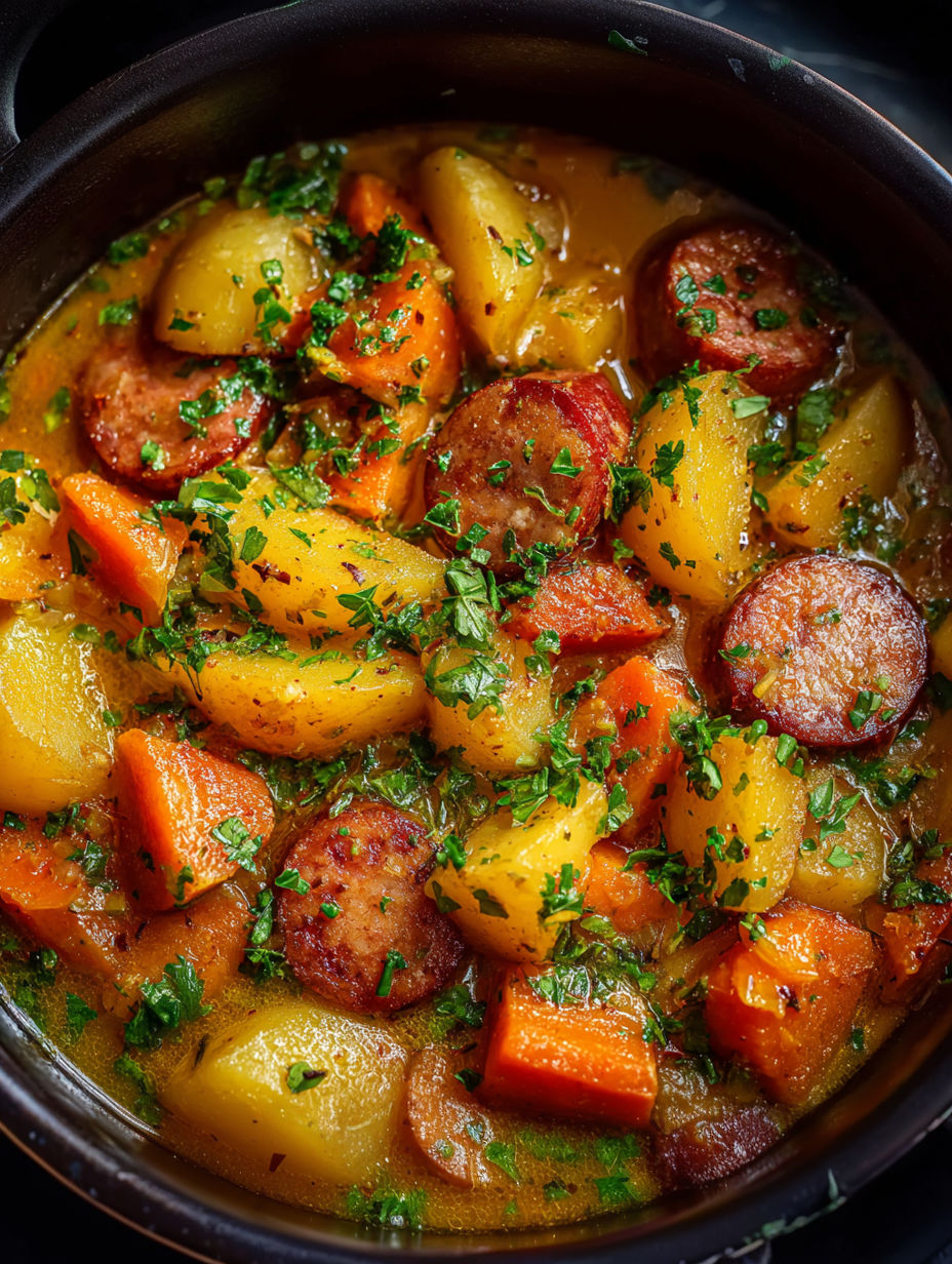 A bowl of soup with sausage and potatoes.