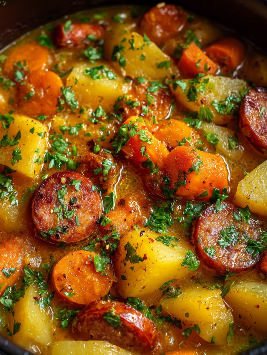 A close up of a dish with sausage and potatoes.