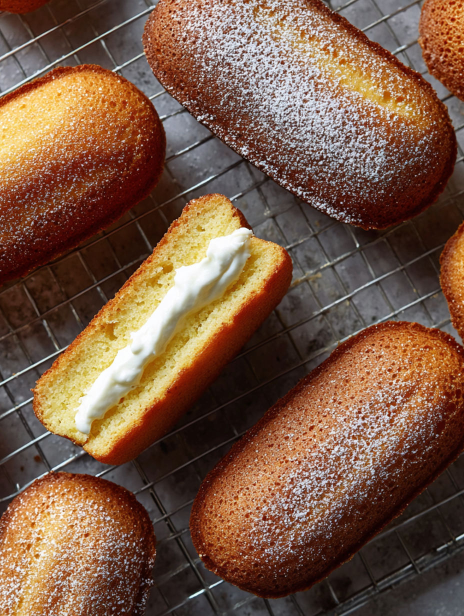 A tray of self-made twinkies with white icing.