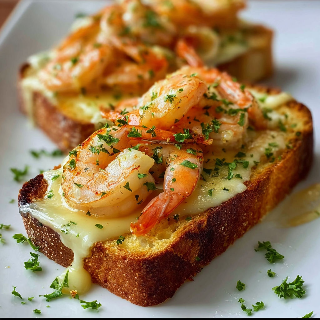 A knoblauch-käse-sandwich mit garnelen.