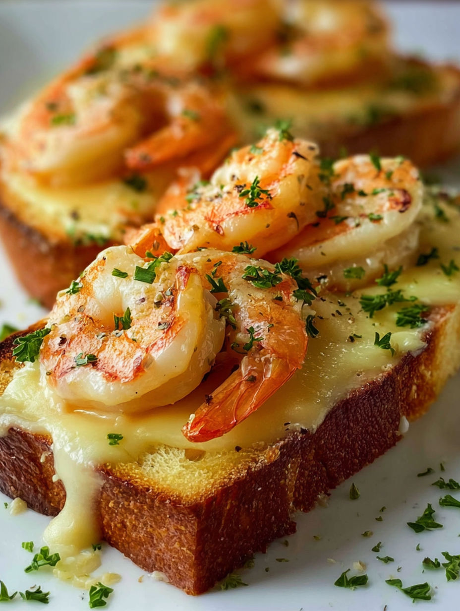 A piece of bread with shrimp on top.
