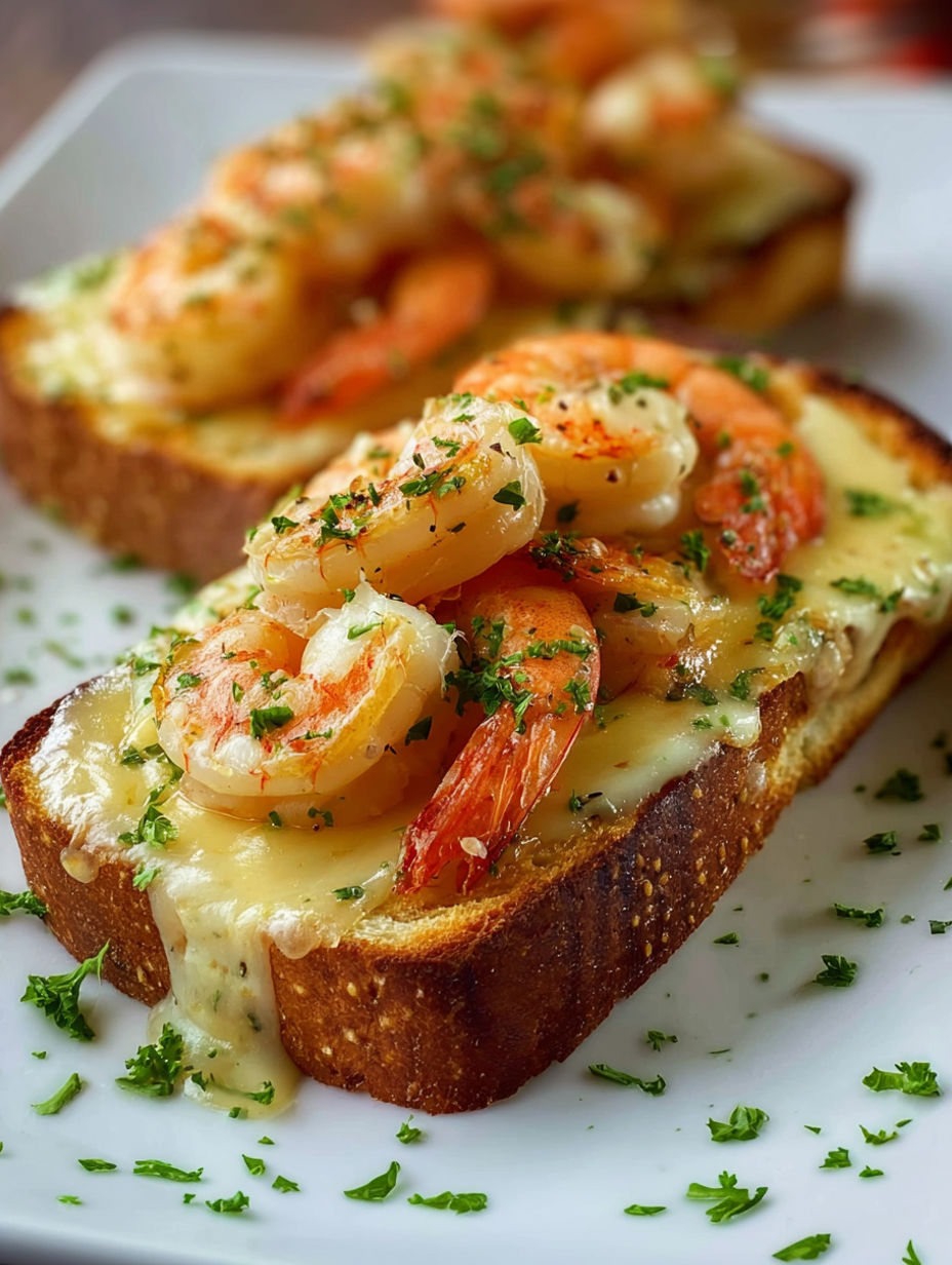 A piece of bread with shrimp on top.