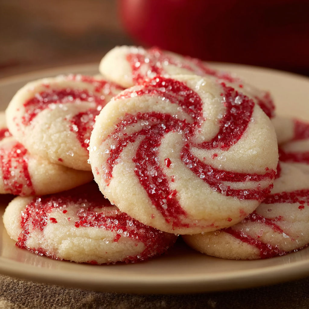 A plate of red and white cookies.