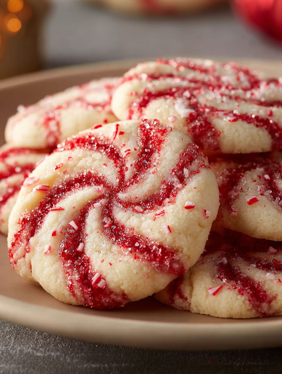 A plate of cookies with red and white swirls.