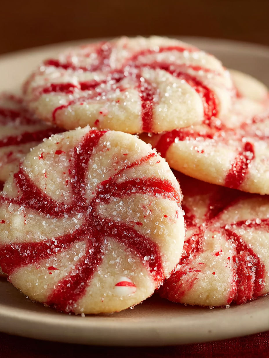 A plate of red and white cookies.