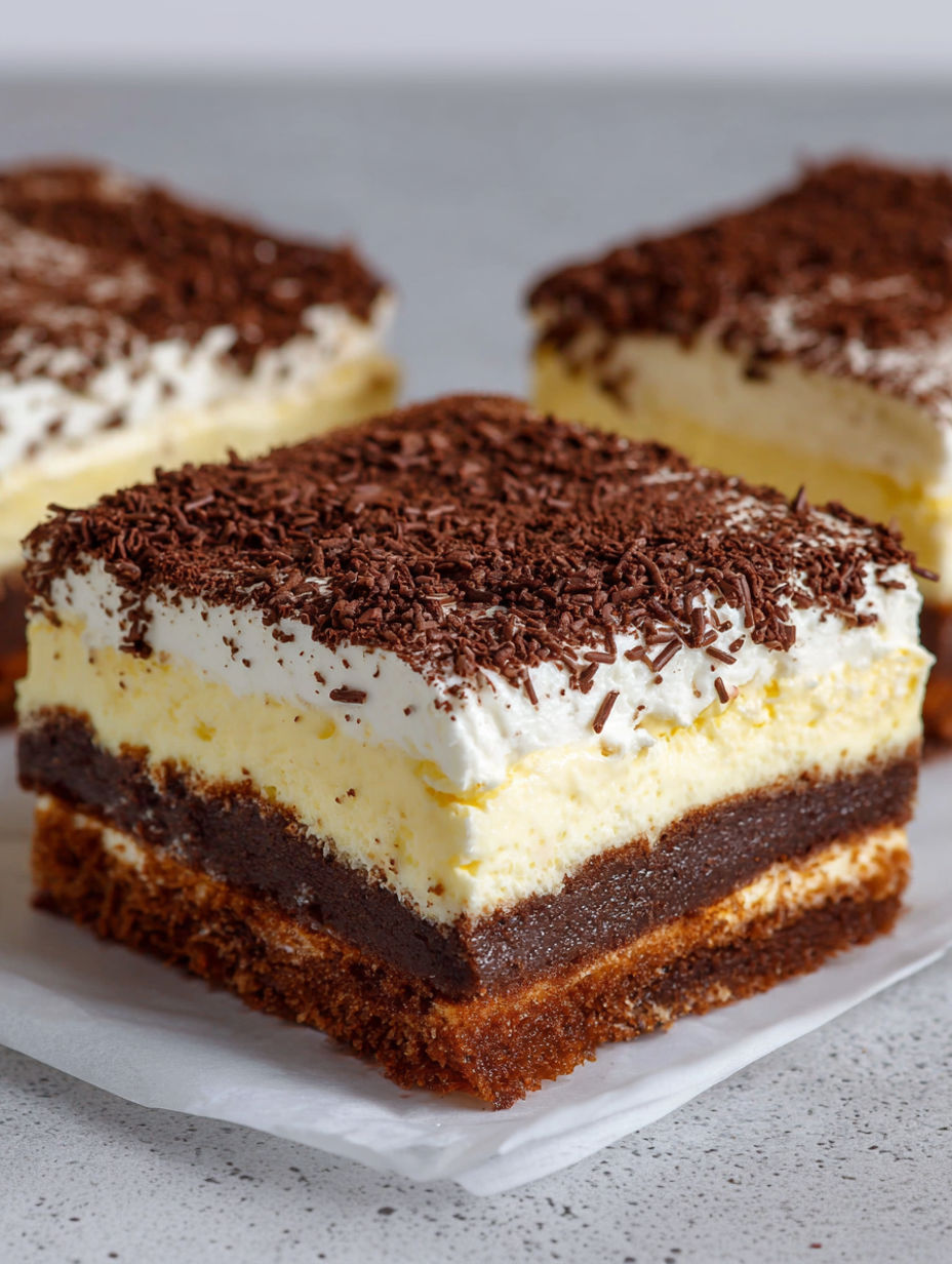 A piece of cake with chocolate and white frosting.