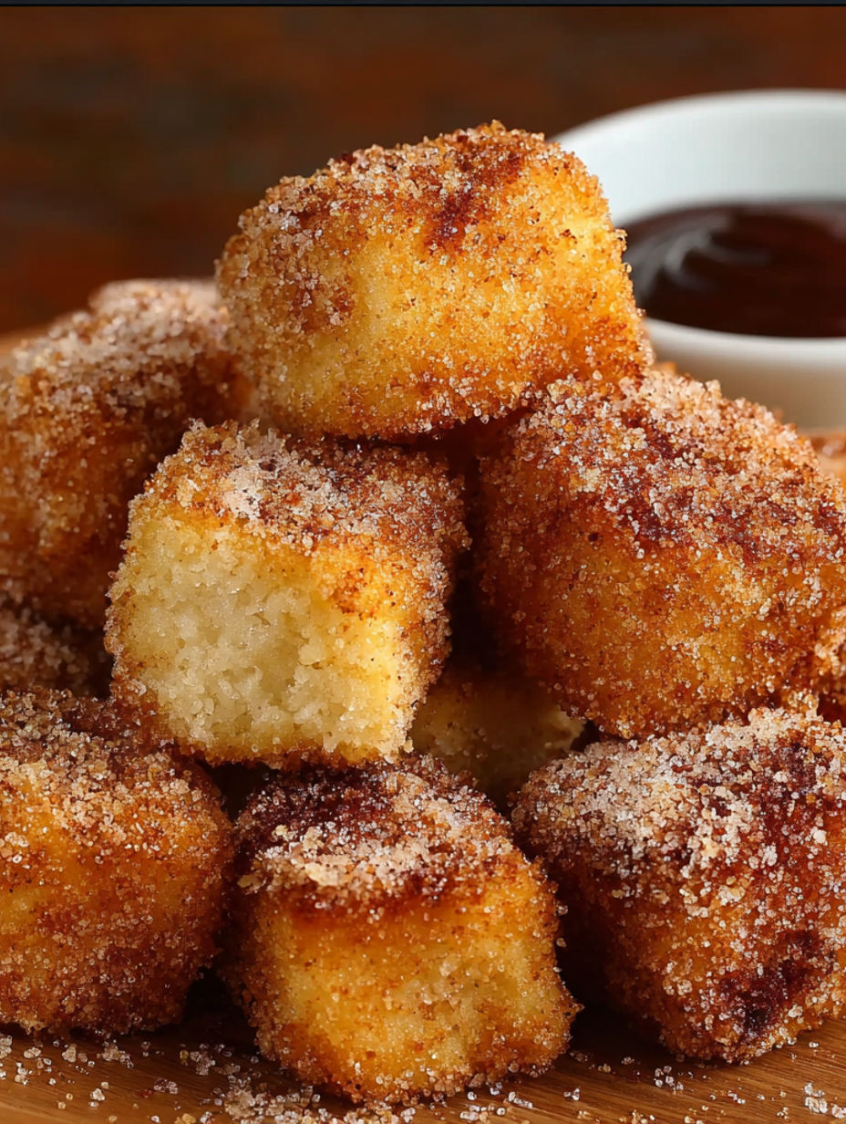 A stack of knusprige angel-cake-churro-bite.