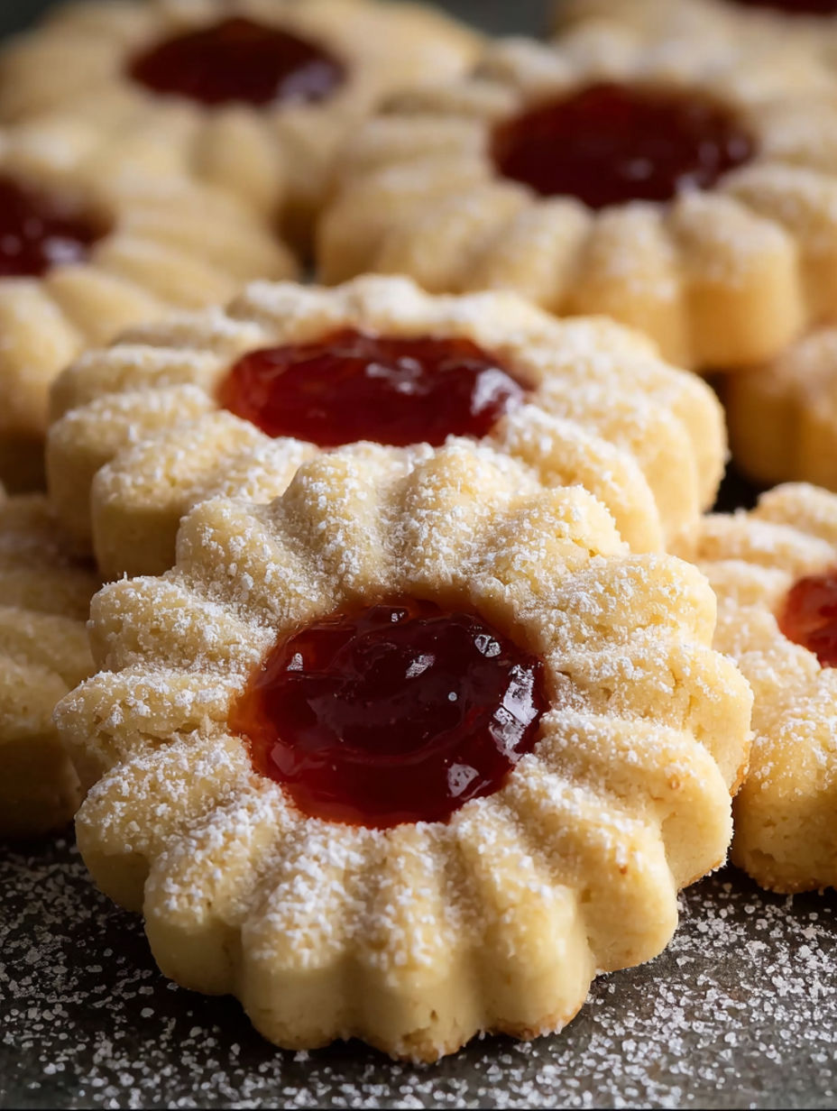 A plate of cookies with jam in the middle.