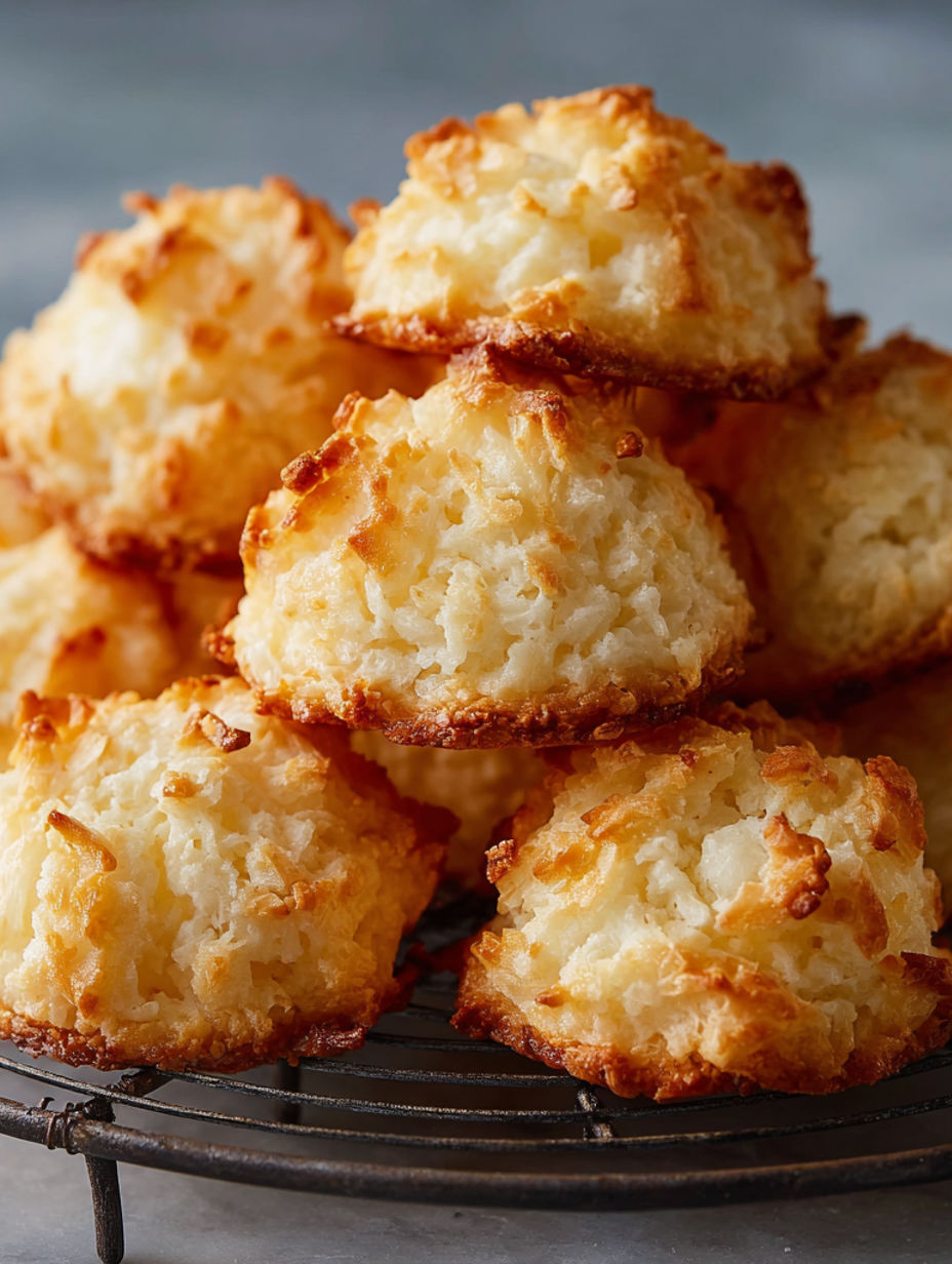 A stack of Kokosmakronen nach Omas Rezept.