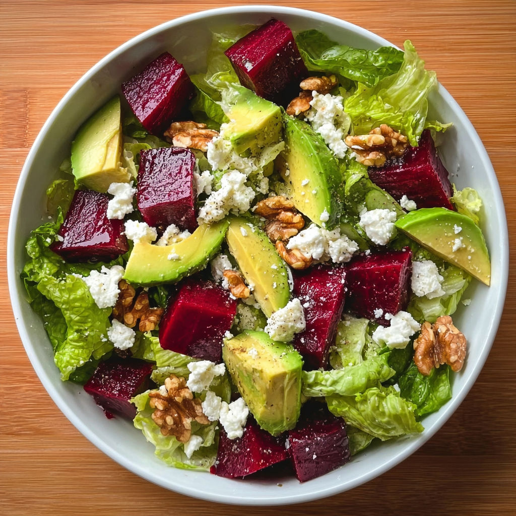 A bowl of salad with avocado, beets, lettuce, and walnuts.