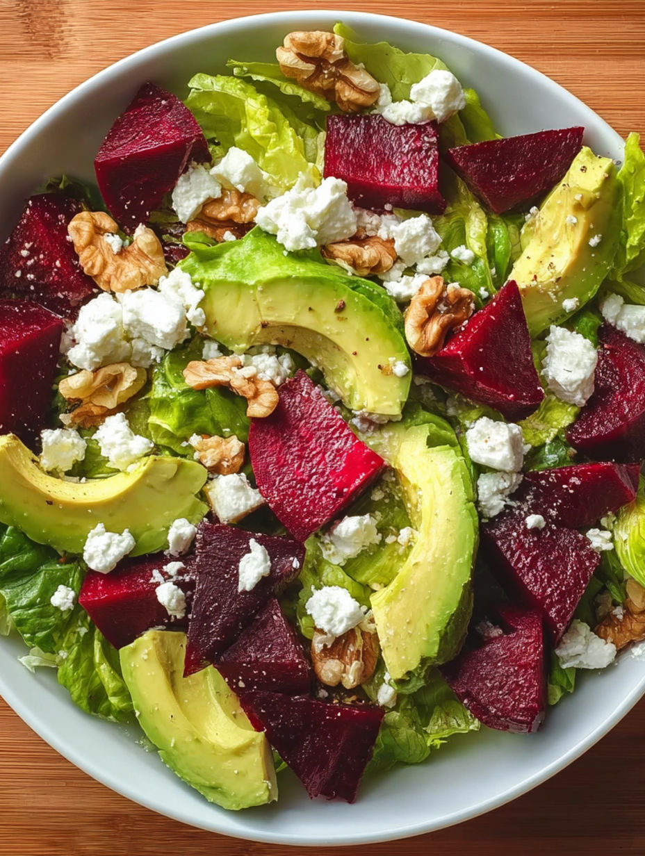 A bowl of salad with avocado, beets, and feta cheese.