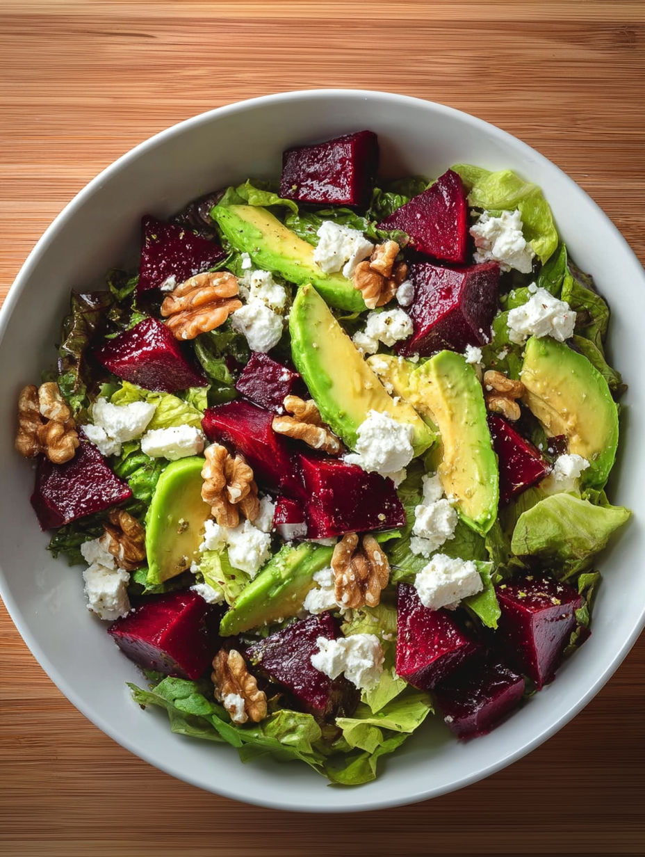 A bowl of salad with avocado, beets, and walnuts.