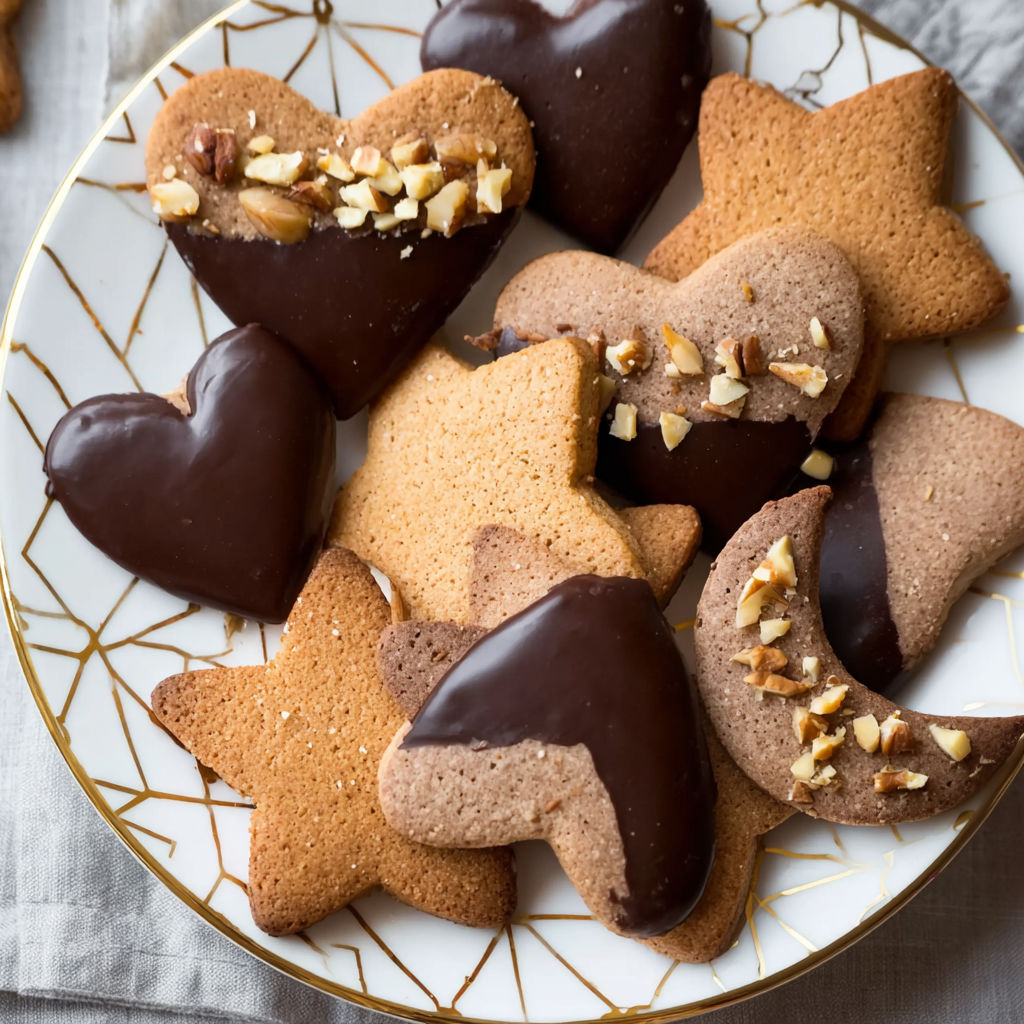 A plate of cookies with chocolate and nuts.