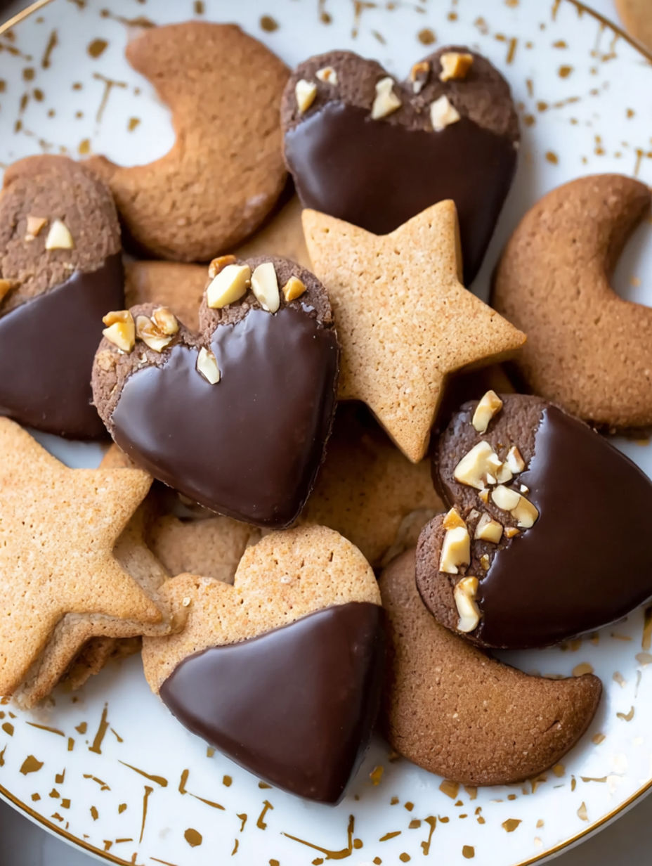 A plate of cookies with chocolate and nuts.