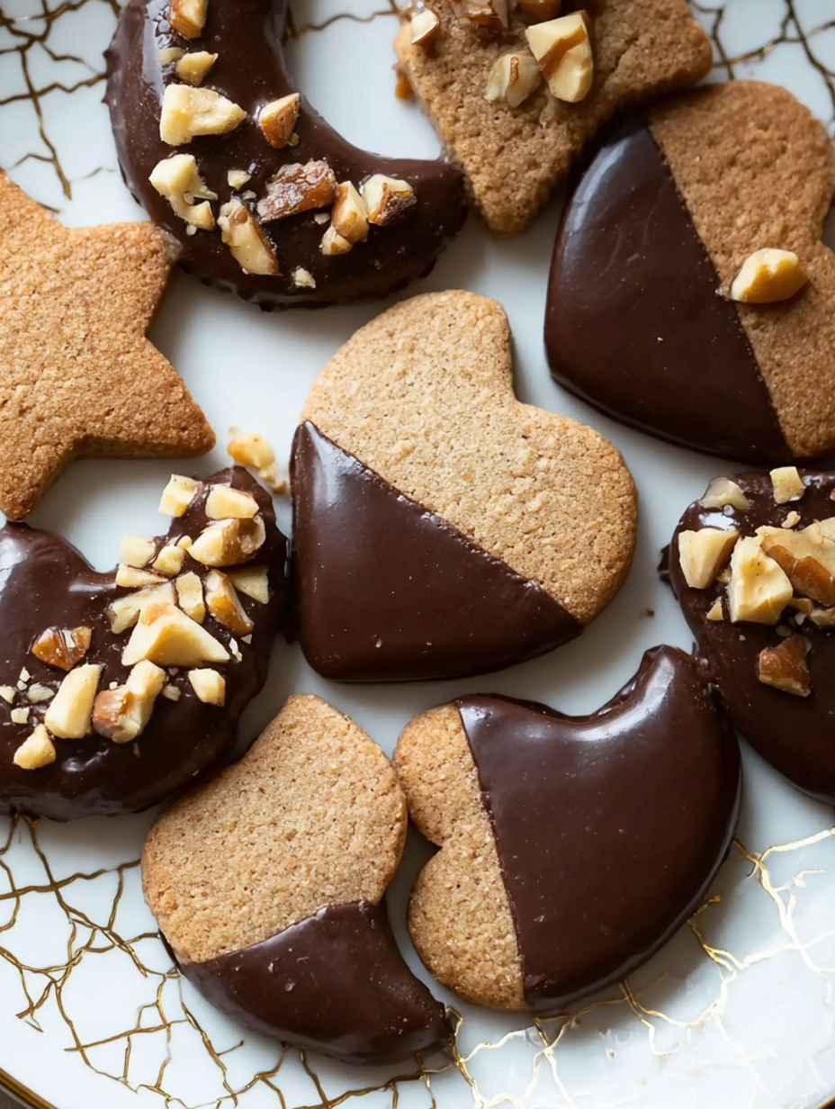 A plate of cookies with nuts on top.