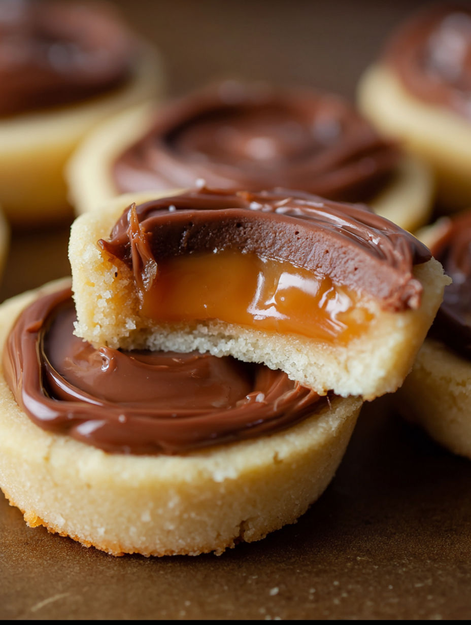 A cookie with chocolate and caramel topping.