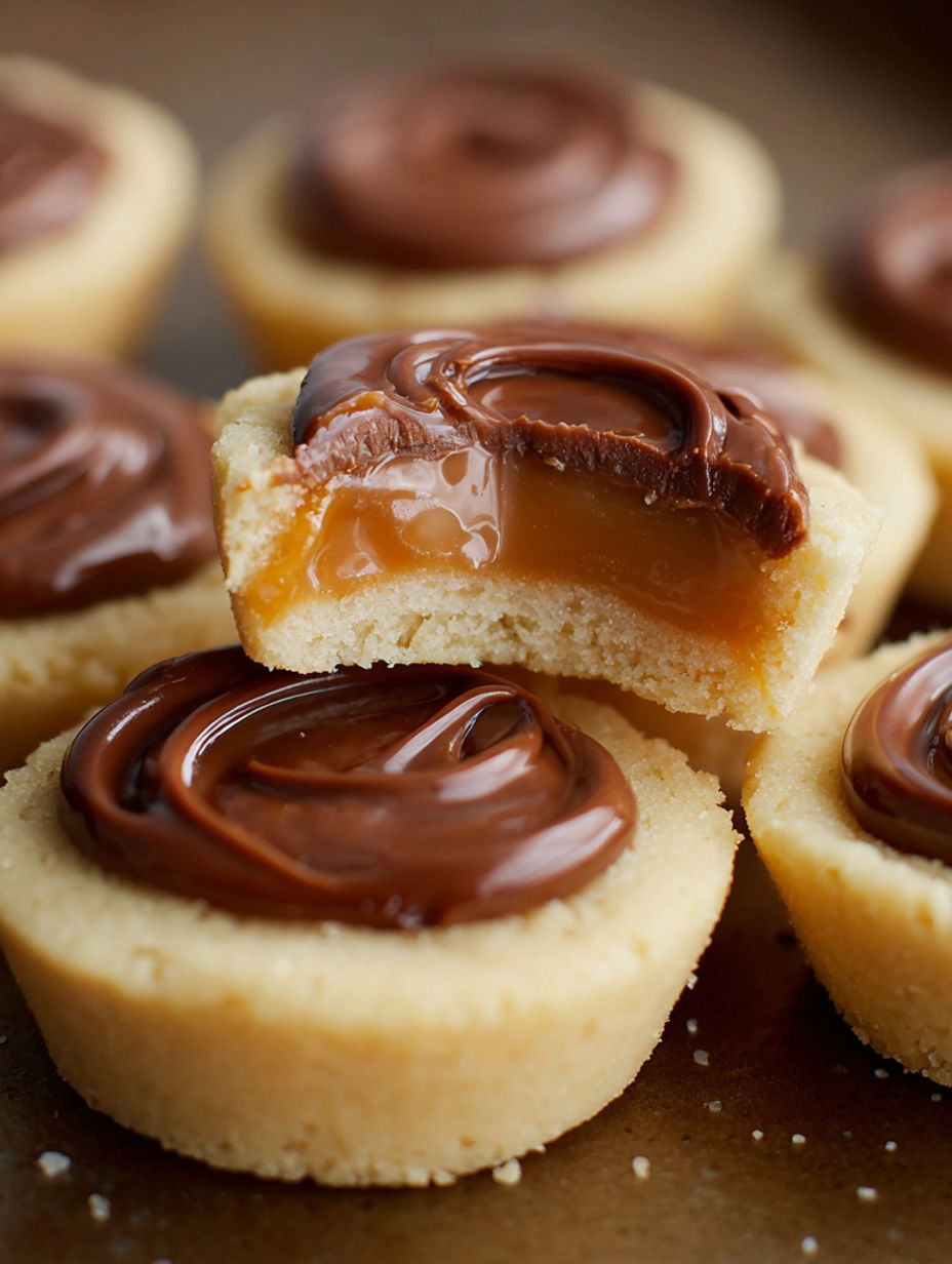 Chocolate drizzled cookies with a caramel center.
