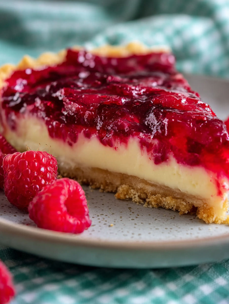 A slice of pie with raspberries on top.