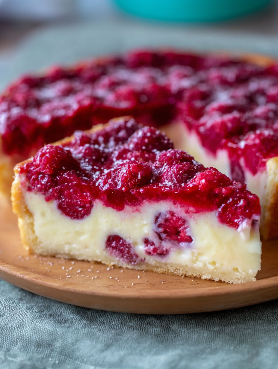 A slice of raspberry cheesecake on a plate.