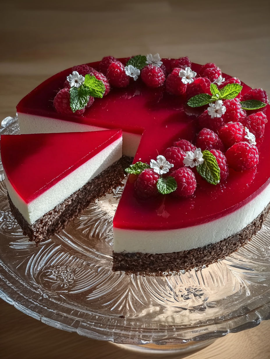 A slice of red velvet cake with white cream and raspberries.