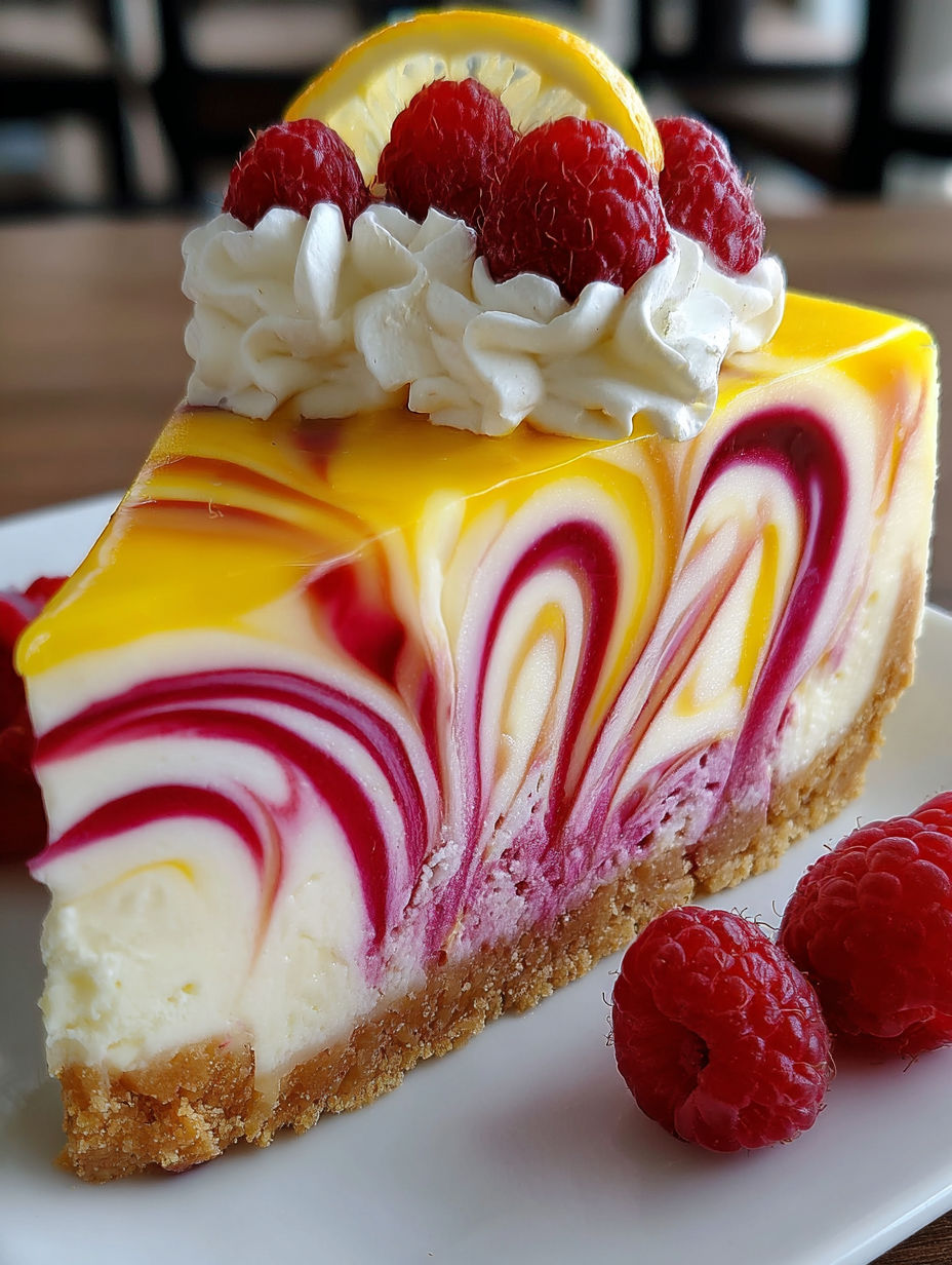 A slice of cheesecake with raspberries on top.