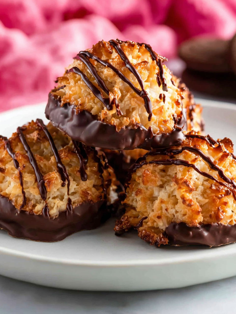 A plate of chocolate covered coconut pastries.
