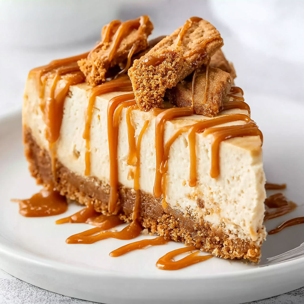 A slice of no-bake biscoff käsekuchen with caramel drizzle.