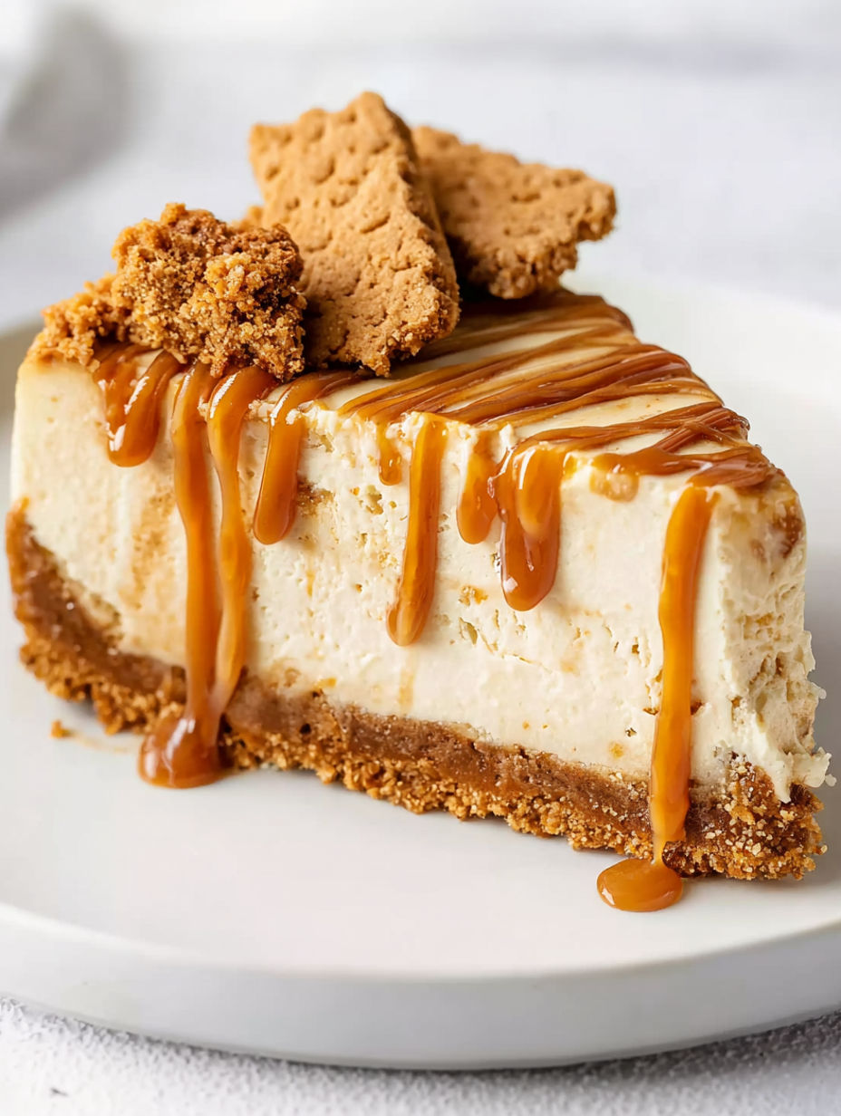 A slice of cheesecake with caramel drizzled on top.