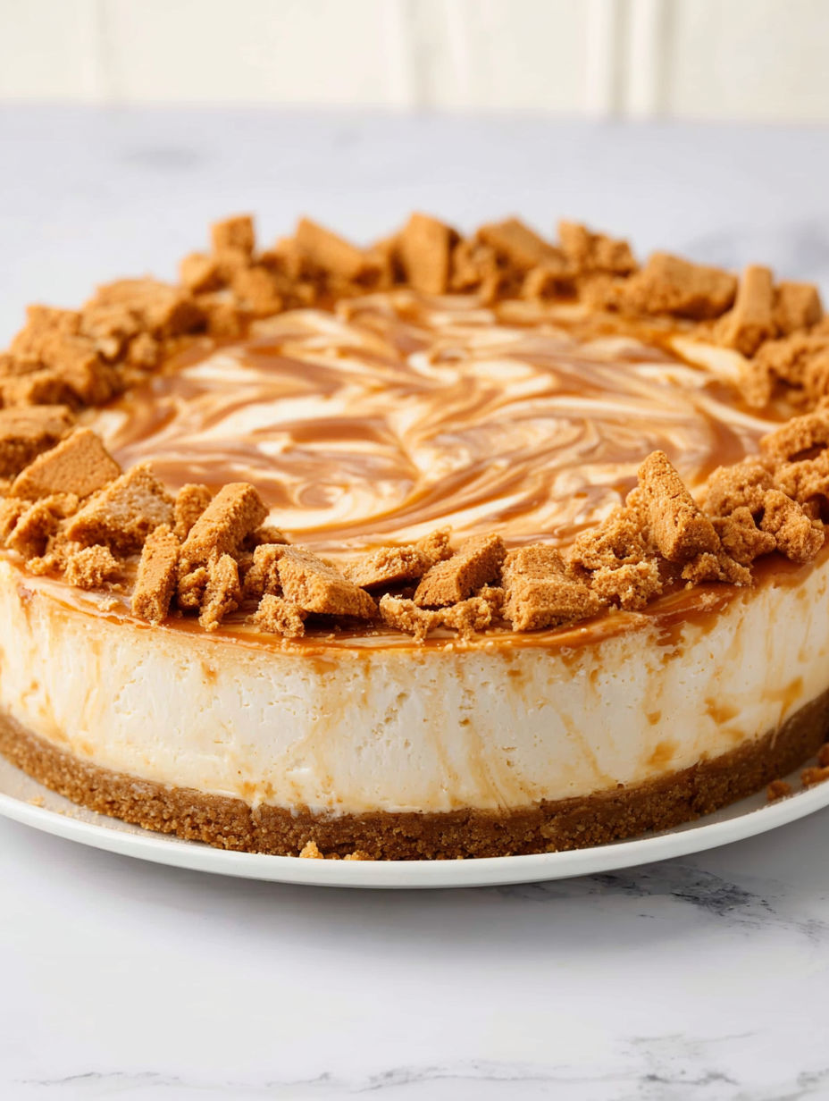 A slice of a No-Bake Biscoff Käsekuchen.