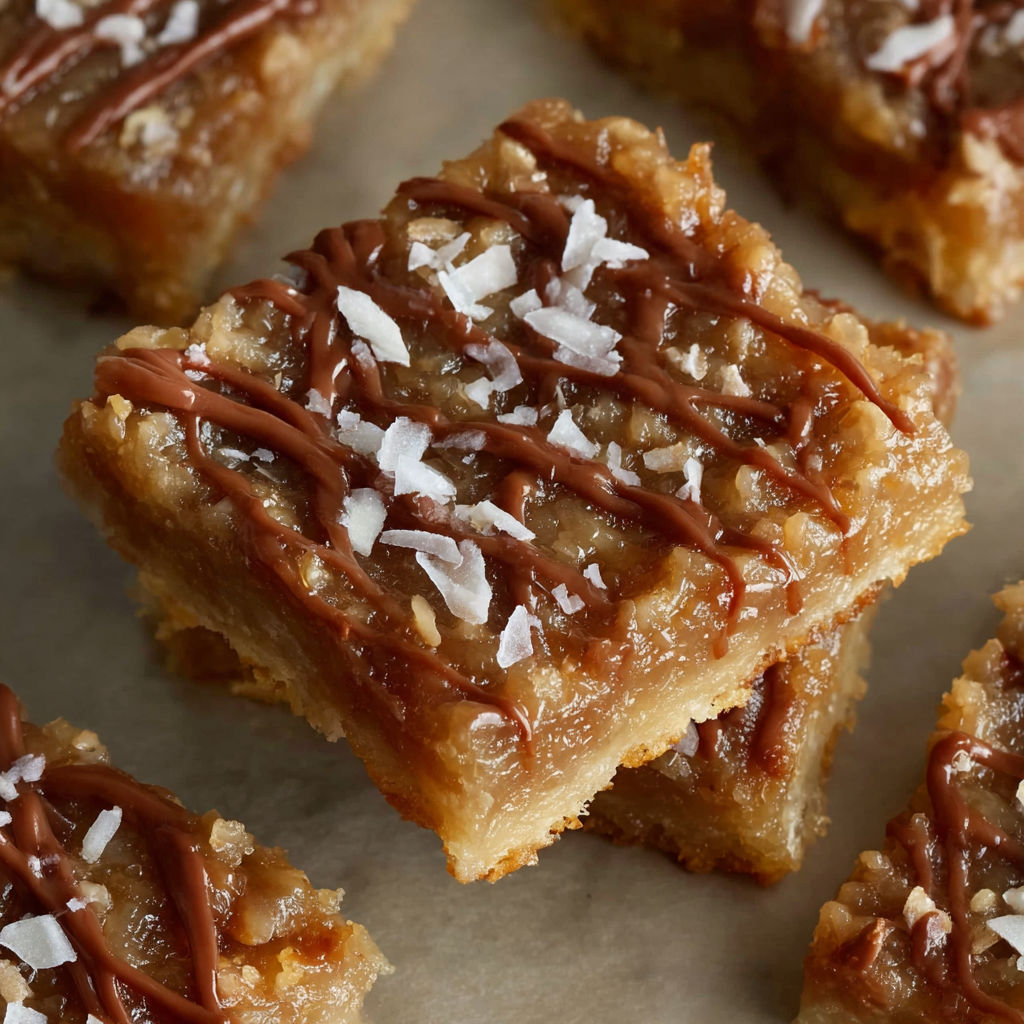 A close up of a caramel coconut bar.