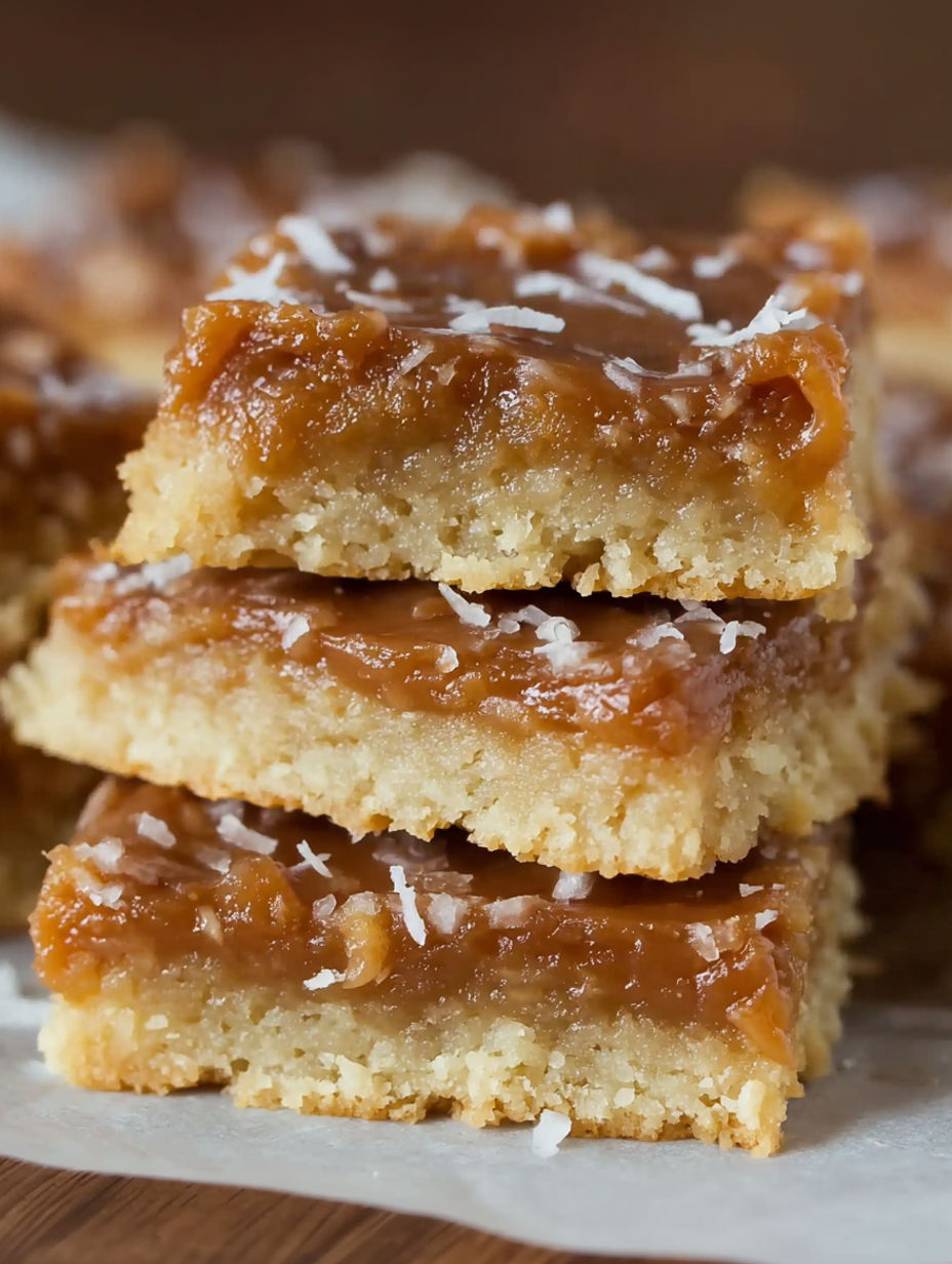 A stack of caramel coconut bars.