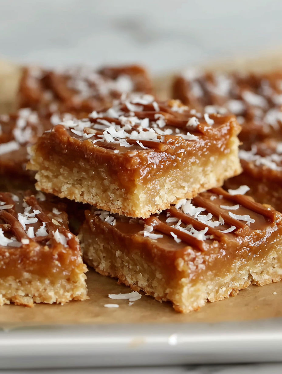 A close up of a delicious caramel coconut bar.