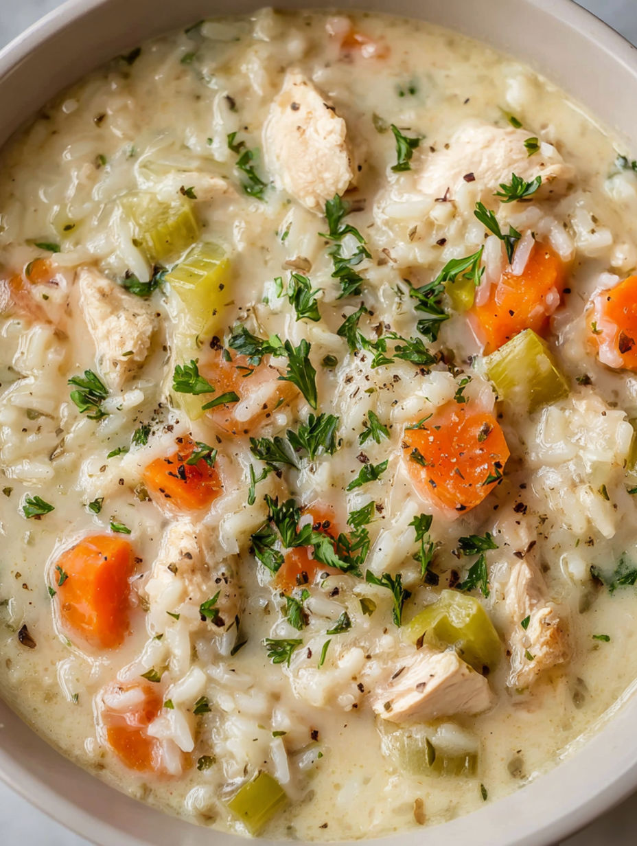 A bowl of creamy chicken rice soup.