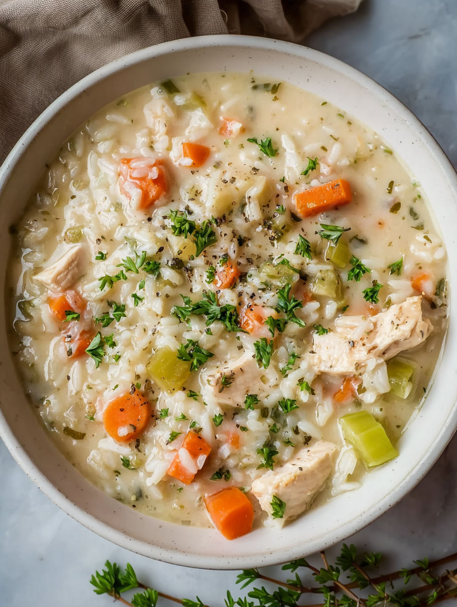 A bowl of creamy chicken and rice soup.