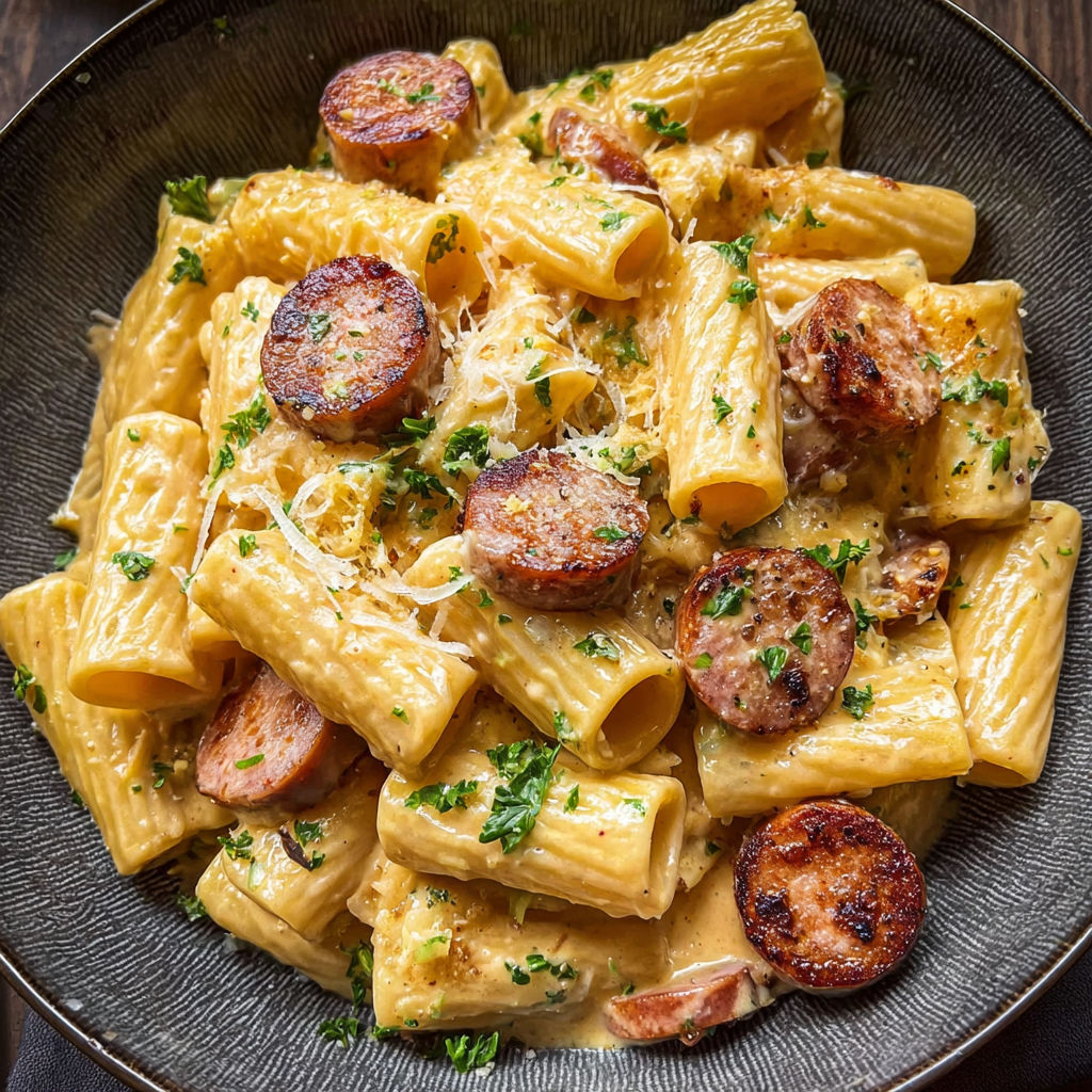 A plate of pasta with sausage on top.