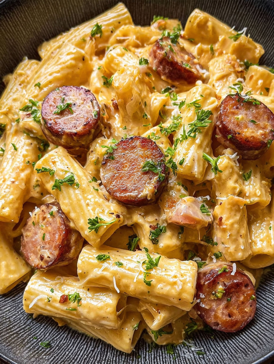 A bowl of pasta with sausage and herbs.