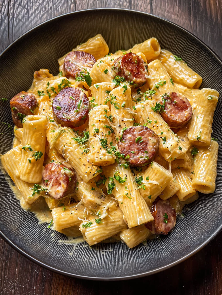 A bowl of pasta with sausage and green herbs.