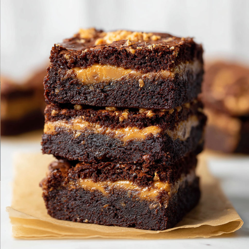 Three layers of Spekulatius Brownies stacked on top of each other.