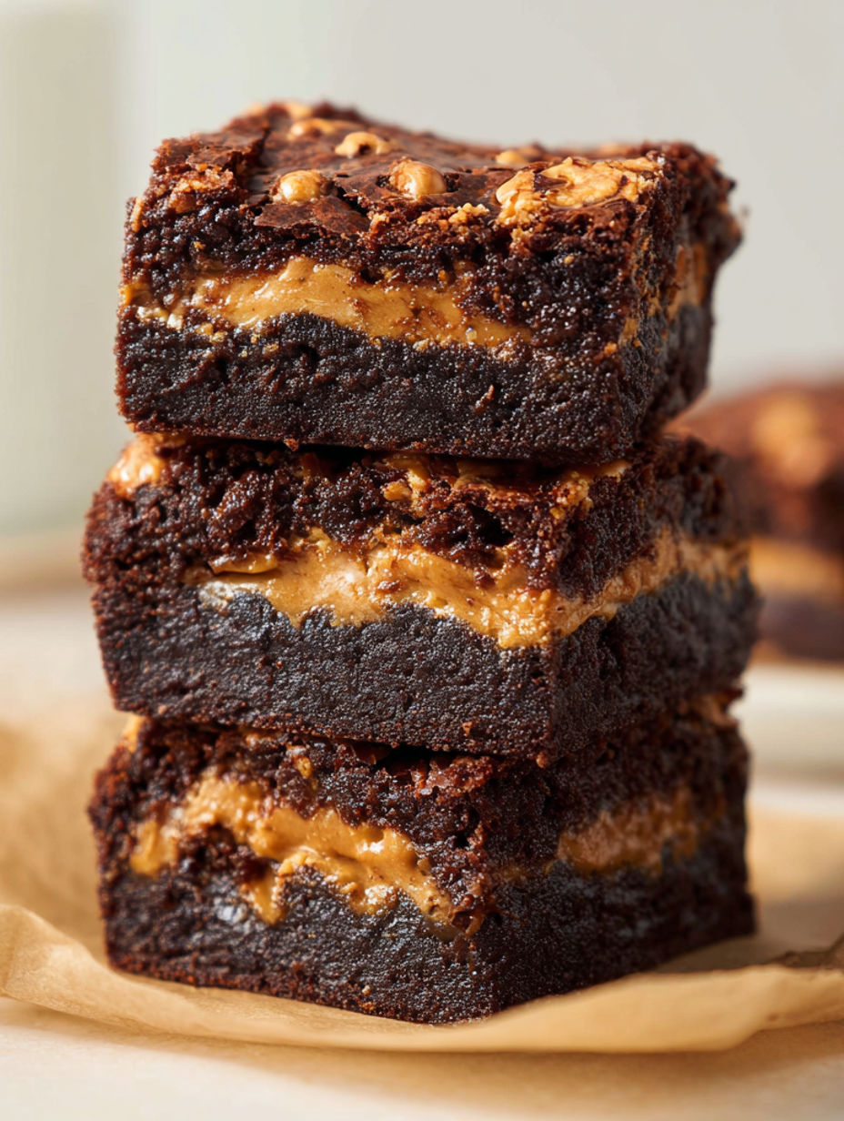 Three stacked brownies with peanut butter and caramel topping.