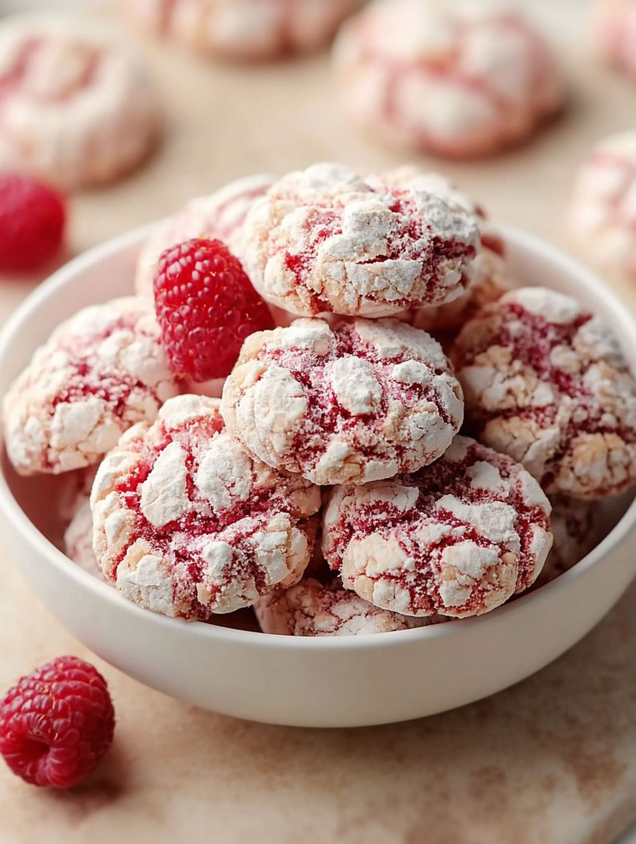 A bowl of cookies with raspberries on top.