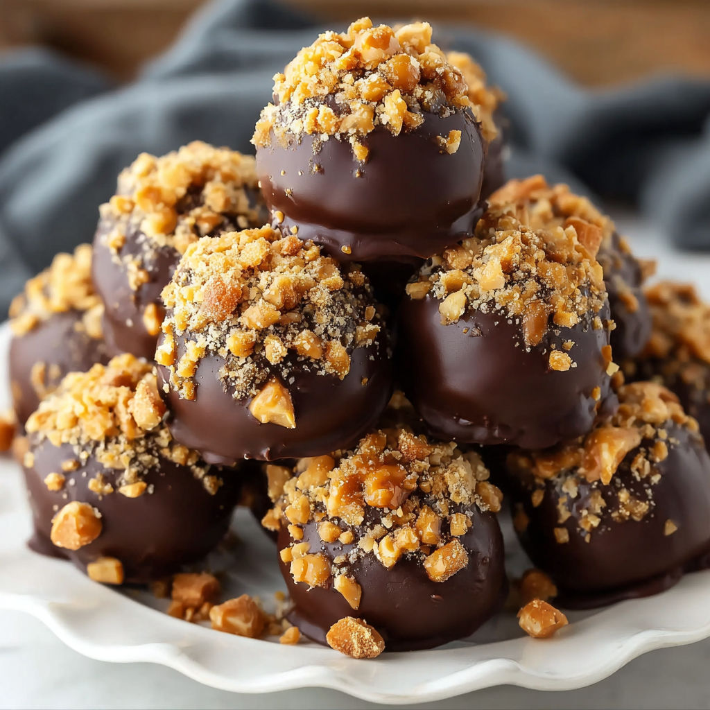 A stack of chocolate covered peanut butter balls.