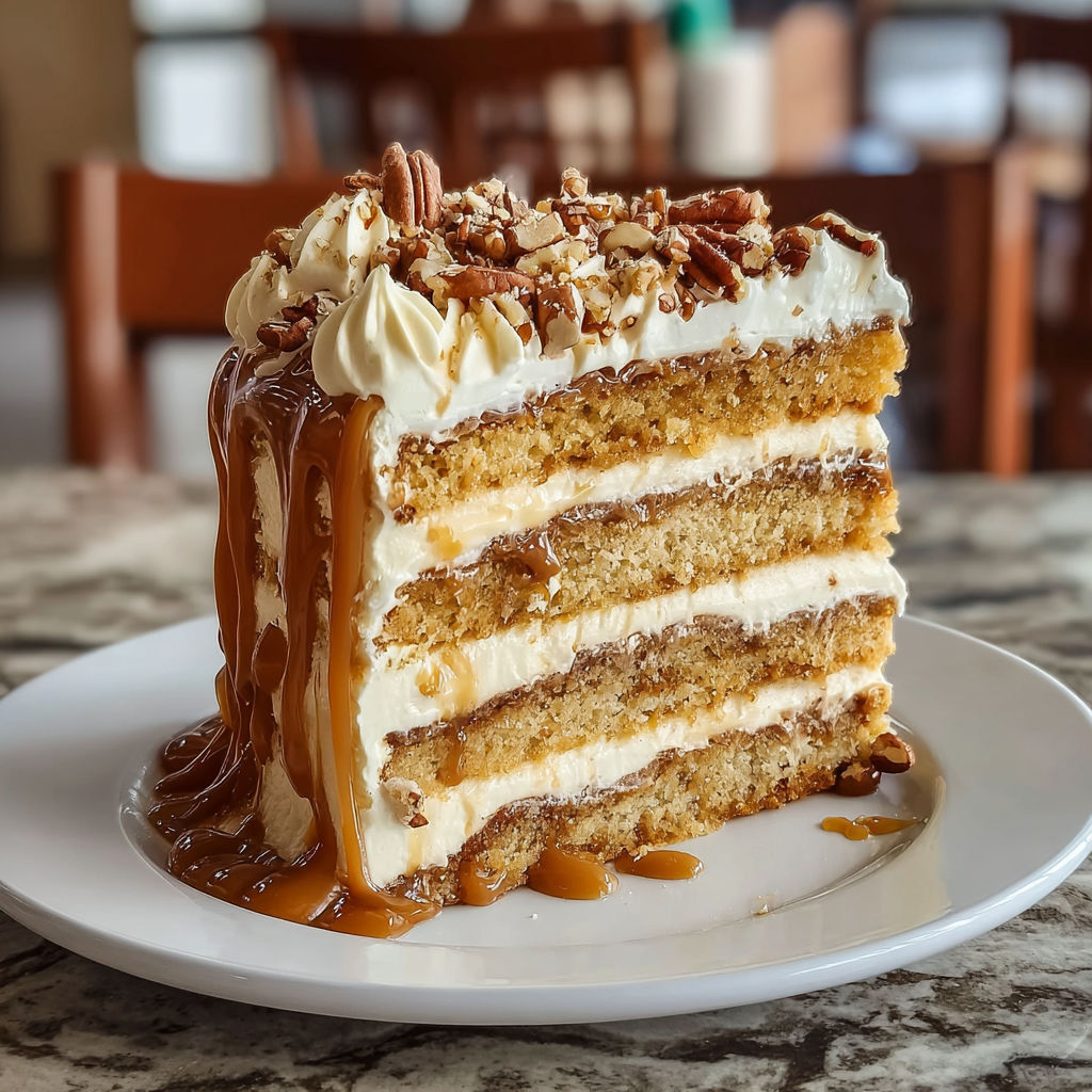 A slice of caramel crunch cake on a plate.