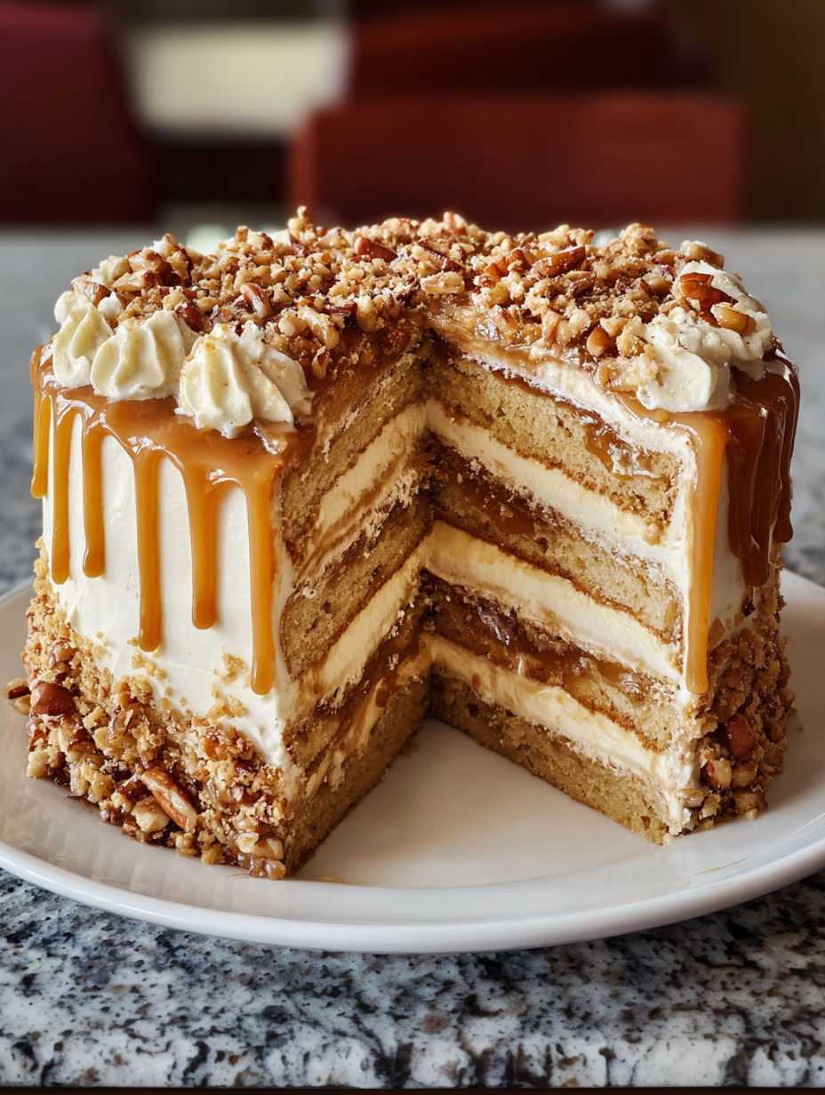 A slice of caramel crunch cake.