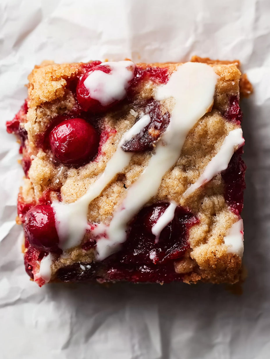 A slice of cranberry crumble pie bars.
