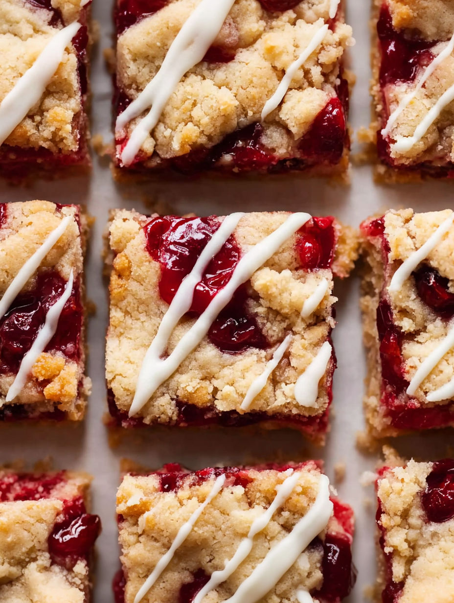 A close up of a cranberry crumble pie bar.